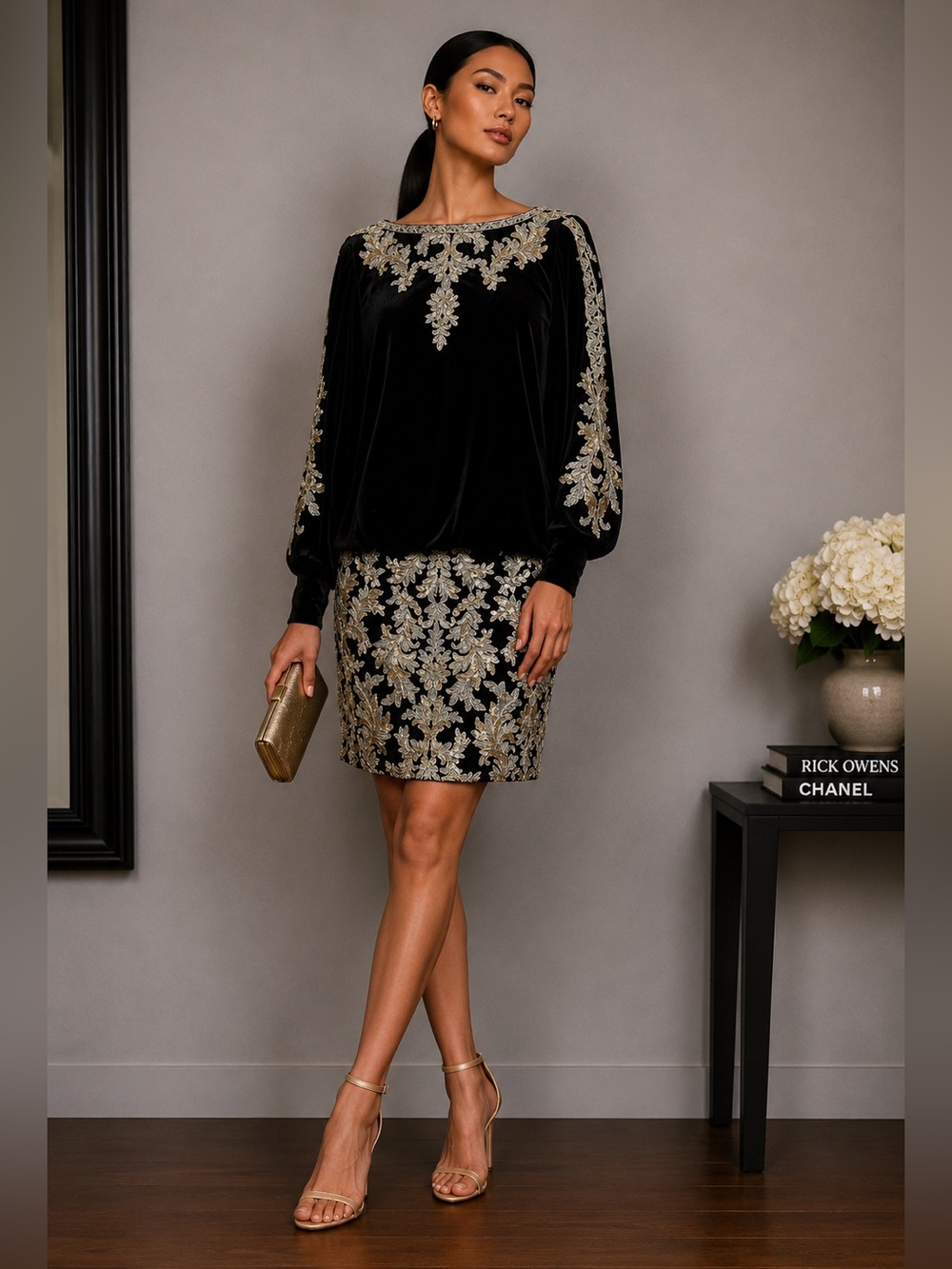 Tadashi Shoji Black Velvet Embroidered Cocktail Dress | Metallic Brocade Evening